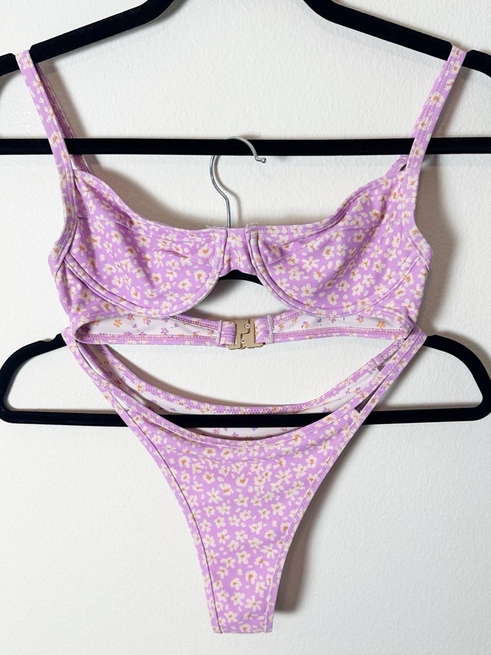 Kulani Kinis Bikini Set Pretty Petals Print Floral Pink Purple XS Top S Bottoms